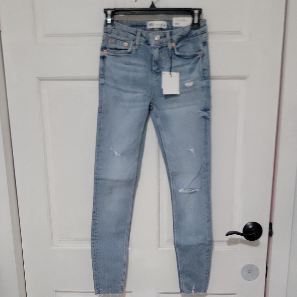 New Zara Premium Denim Women's The Skinny Jeans In Island Blue Slim Fit Mid Rise